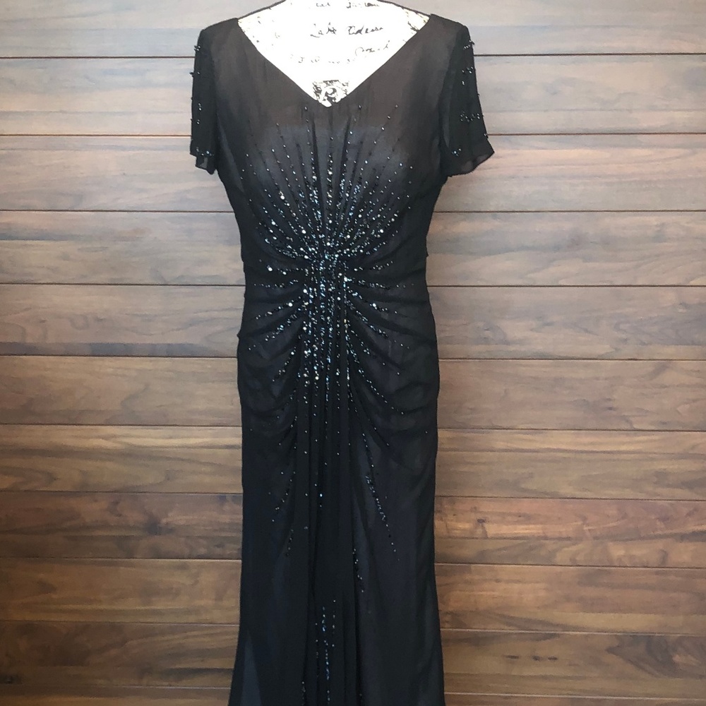 Floor Length Black Beaded Short Sleeve V Neck Back